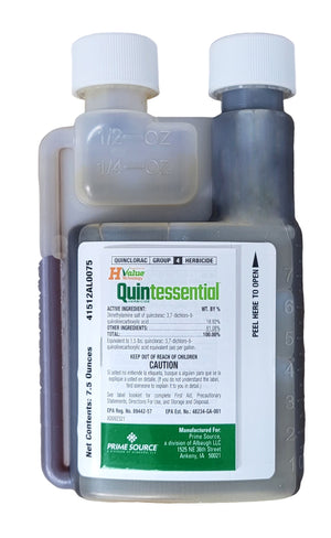 A bottle of Quintessential Herbicide with label information including product name, active ingredient, and usage instructions.